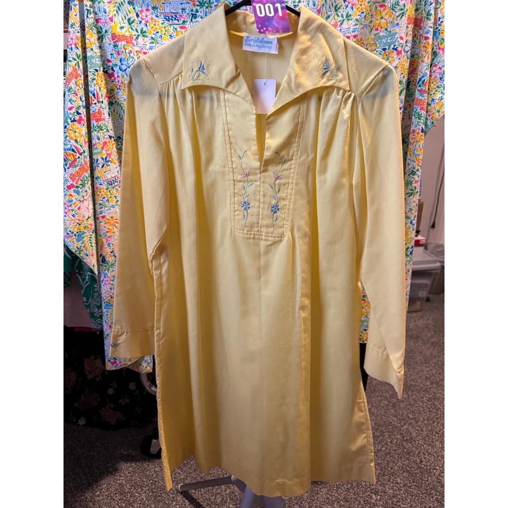 001 Vintage Eve Stillman‎ Yellow Floral Embroidered Tunic Dress Nightgown